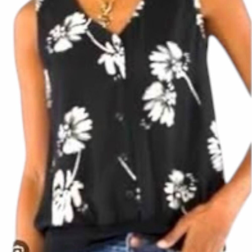 CABI Women’s Black White Sleeveless Floral Knitwit Top Size Small Style #4354